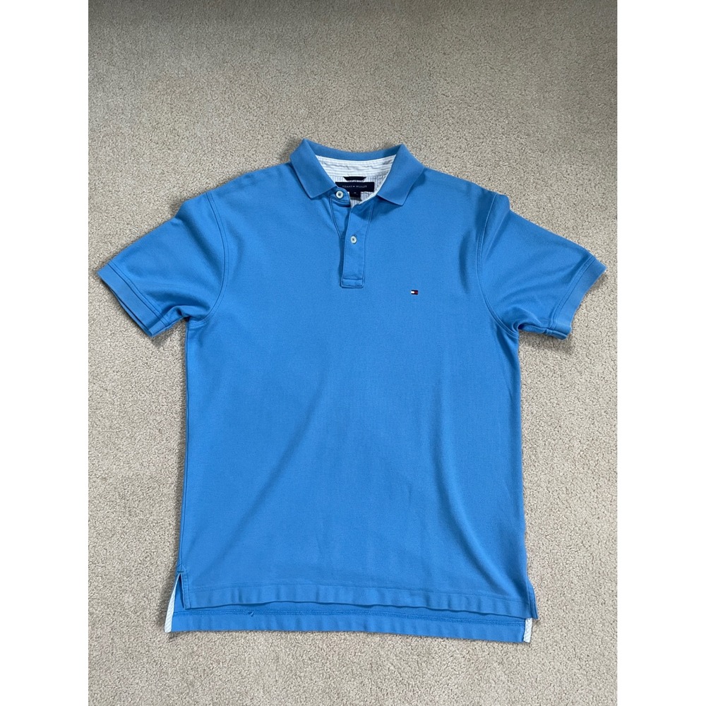 Tommy Hilfiger Mens Blue Short Sleeve Cotton Pique Polo Shirt Size M Flag Logo